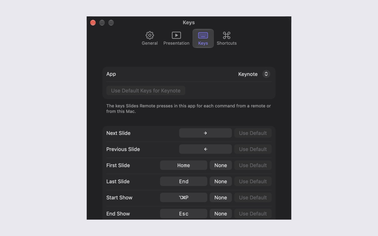 Settings: the key each command presses, for each presentation app