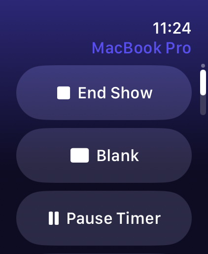 Apple Watch Show page with Start Show, Blank and timer controls
